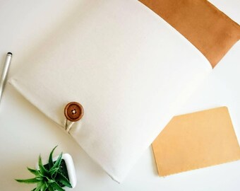 Vegan Faux Suede Laptop Sleeve,  Chromebook Computer Cover Case, Padded Accessory, Beige and Faux Leather Base, 11, 13, 15 inch