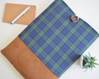 Kindle Sleeve, eReader, Kobo, Tablet Slide in Padded, Custom Fit Cover - Hunter Blackwatch Plaid and Faux Leather Suede