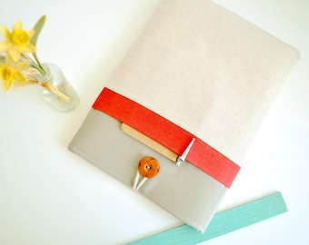 Handmade Linen Tablet Sleeve, Coral Red Accent, Custom Fit
