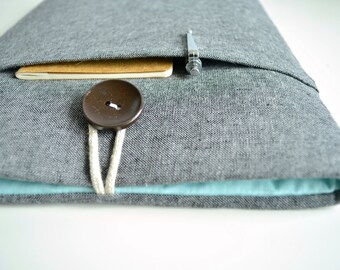 iPad Case Charcoal Linen and Aqua Customizable Tech Protection