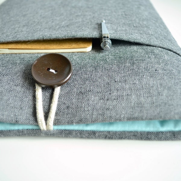 iPad Case 10.2" 8" iPad Mini Sleeve, Custom Size Apple iPad Air, Pro 10.9", 11" 12.9" Padded Cover Charcoal Linen and Aqua