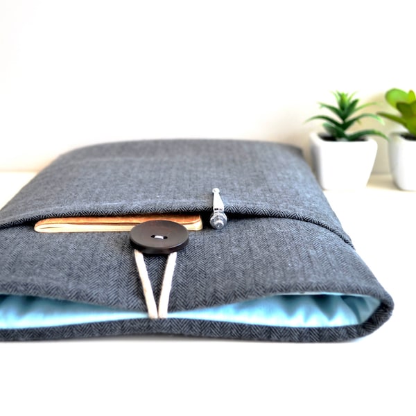 Cozy Herringbone Laptop Sleeve - Charcoal Flannel, Custom Fit, Padded Protection