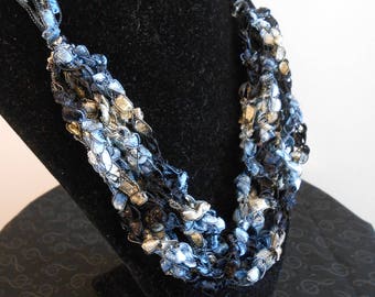 Blue black and tan crochet necklace item No. 121 J