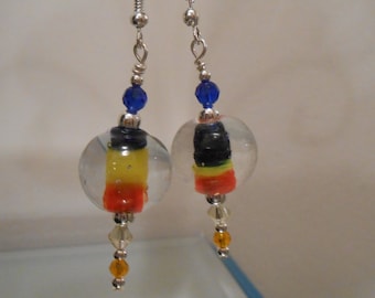 Red, Blue and Yellow Horizontal Striped Core Ball Earrings Item No. 156