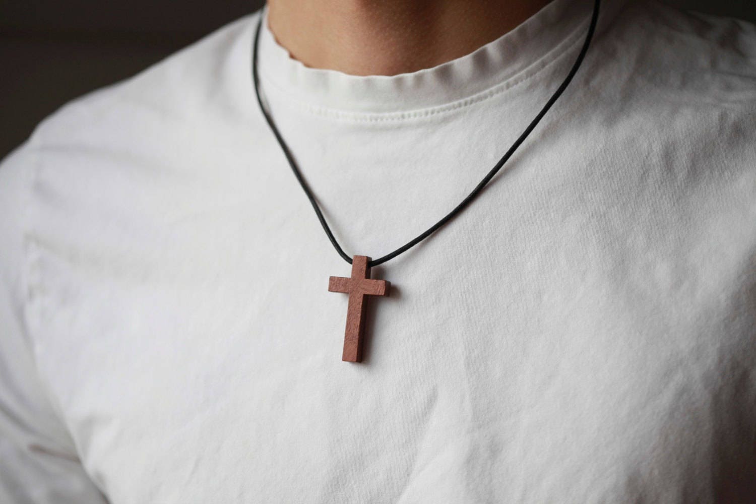 Men's Sawo Wood Cross Pendant Necklace with Cotton Cord, 'Natural Blessing