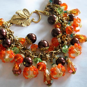Glass and Crystal Charm Bracelet With Lampwork Beads Austrian Crystal Miriam Haskell Chain Autumn Path