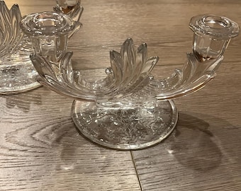 Vintage Pair Of Art Deco Clear Glass Double Arm Candlestick Holders
