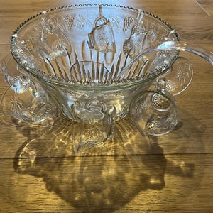 Vintage Indiana Glass Princess Clear Grape 18 Piece Punch Set, Punch Bowl 8 Cups Hangers And Ladle, Mid Century Punch Bowl