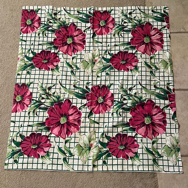Vintage Handsewn Small Floral Tablecloth, Farmhouse Tablecloth, Nightstand Tablecloth, 32 By 35 Inch Tablecloth, Card Table Cloth
