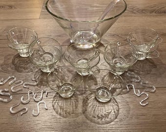 Vintage Hazel Ware Glass Punch Bowl Set: Williamsport Pattern, 10