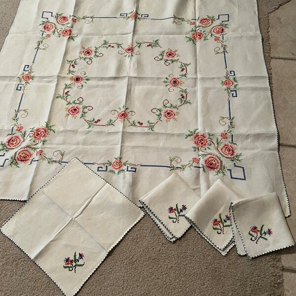 Vintage Handmade Cross Stitch Floral Theme Off White Linen Tablecloth With 4 Napkins, 34 By 31 Inch, Small Tablecloth