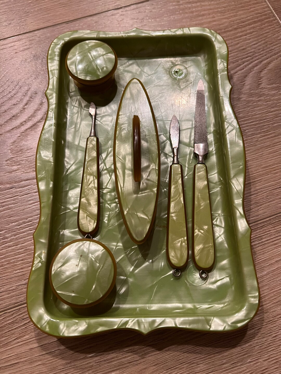 Vintage Celluloid Vanity Tray Set With Manicure Utensils, Vanity