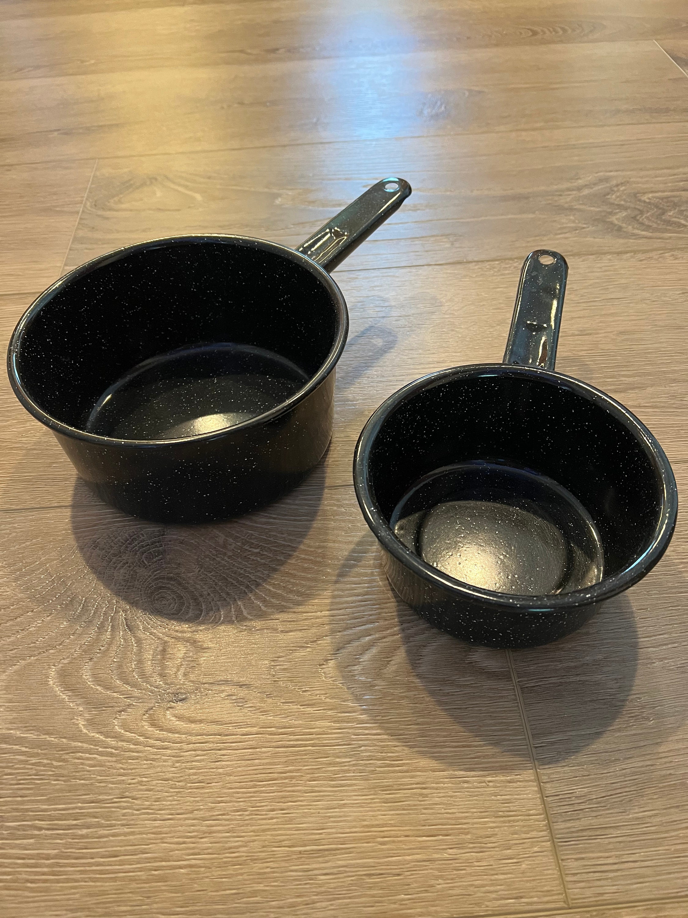 Vintage Enamel Pots Serendipity Enamelware Squiggle Ware Pans Set Aqua  Black Yellow Spaghetti Ware Pots Lids and Frying Pan Rare 7 Piece Set