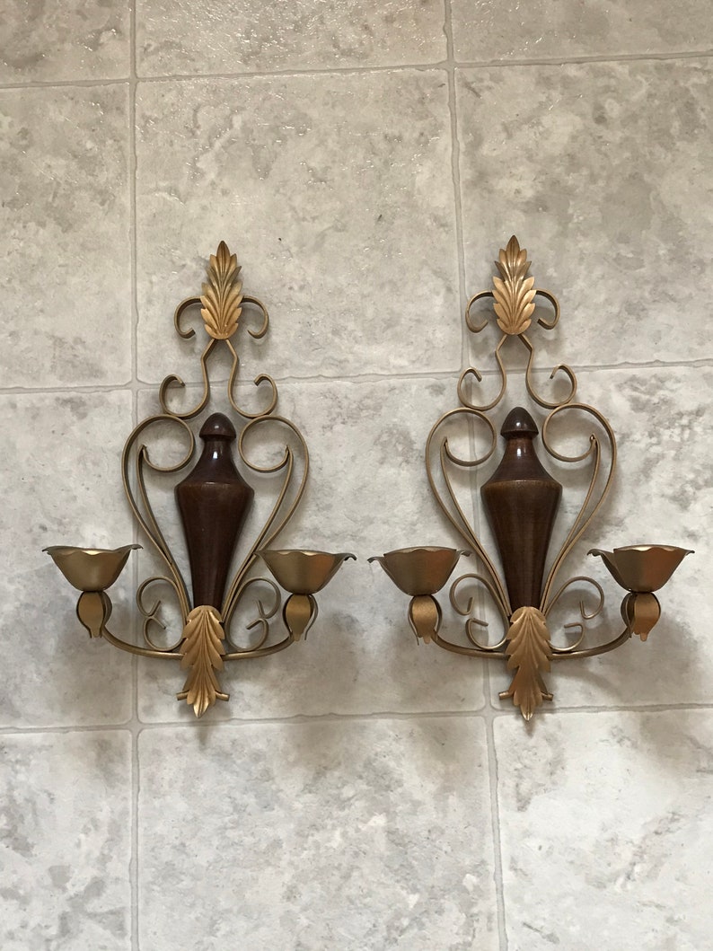 Vintage Wood and Metal Candle Wall Sconce Gold Tone Double Etsy