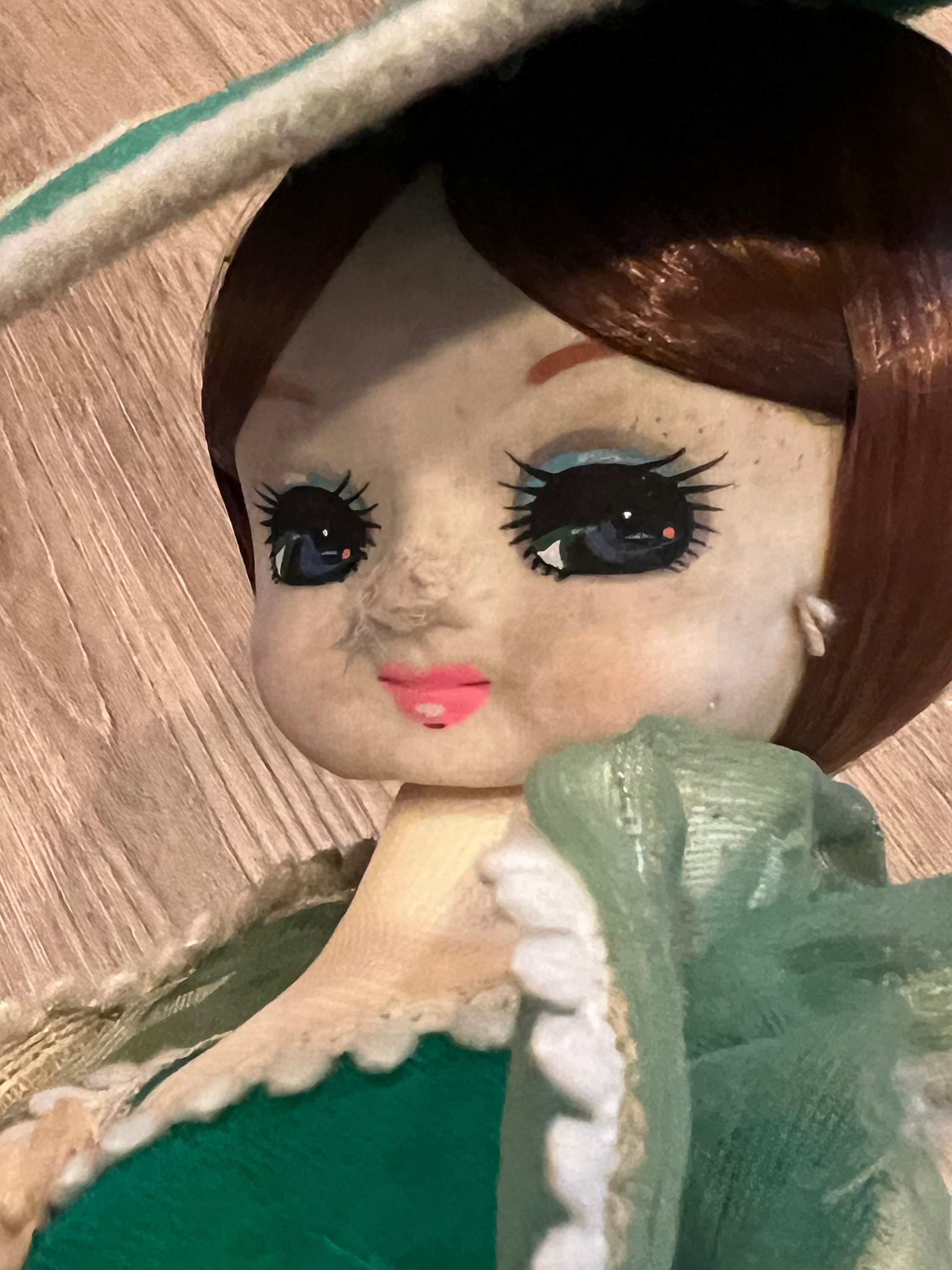 Vintage Big Eyes Doll: Green Dress, Hat, Umbrella, 20