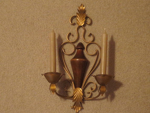 Vintage Wood And Metal Candle Wall Sconce Gold Tone Double Singapore - Gold Tone Candle Wall Sconces