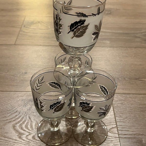Vintage Set Of 4 Libbey Frosted Silver Leaf Ball Stemmed Water Wine Goblets, 8 Ounce Silver Leaf Glasses, Mid Century Glassware
