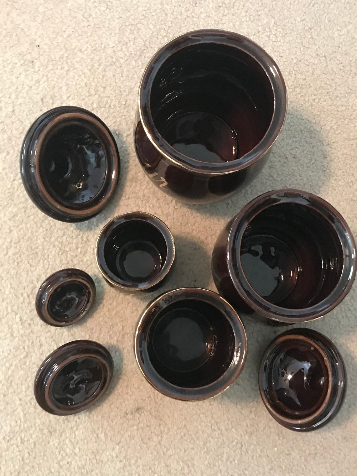 Juego vintage de 4 botes de cerámica marrón con anillos de oro | Etsy