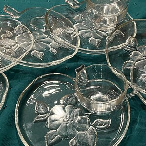 Vintage MCM Group Of 7 Hazel Atlas Stippled Orchard Hostess Luncheon Sets, Apple Blossom Design, 14 Piece Snack Set,  Clear Mug And Plate