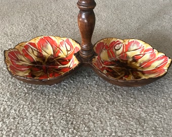 Vintage Mid Century Ceramic Leaf Candy Nut Dish, Handled Serving Bowl