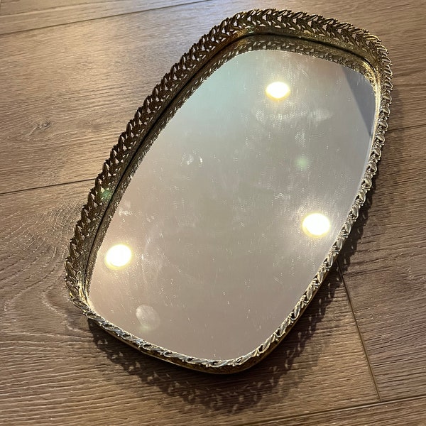 Vintage Ornate Gold Toned Oval Metal Mirror Vanity Tray, Oval Dresser Tray, Lipstick, Perfume, Brush