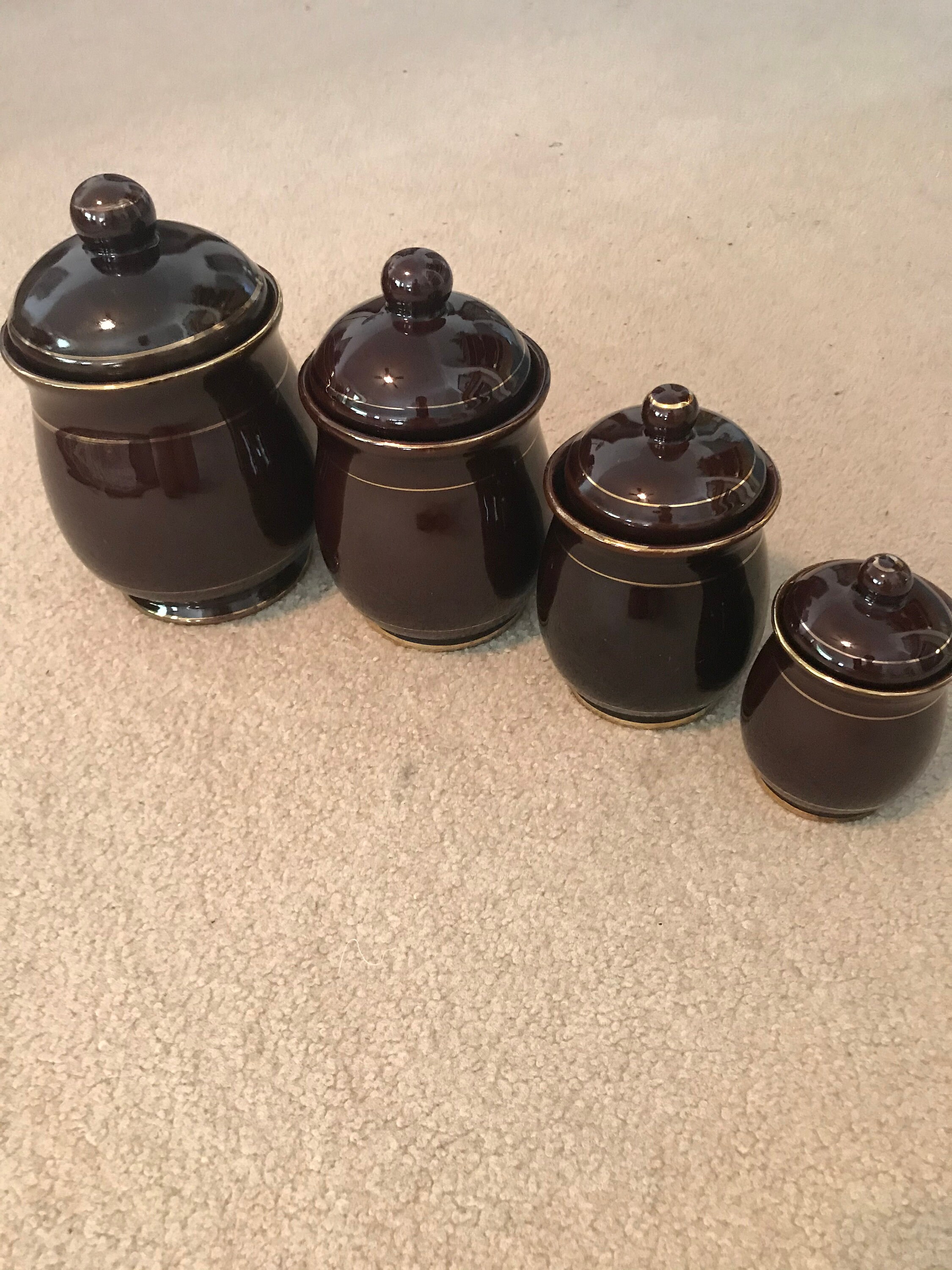 Juego vintage de 4 botes de cerámica marrón con anillos de oro | Etsy