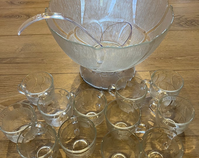 Vintage Arcoroc Fleur Punch Bowl Set Service for 12 W/ Stand Hooks and