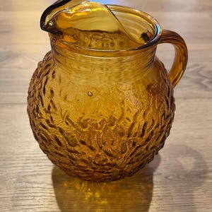 Vintage Anchor Hocking Lido Milano Amber Ball Pitcher With Ice Chip Lip, Bump Crinkle Glass Pitcher