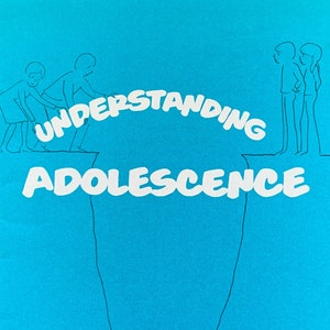 May include: A blue book cover with a white illustration of people holding up a bridge with the text "Understanding Adolescence" on it.