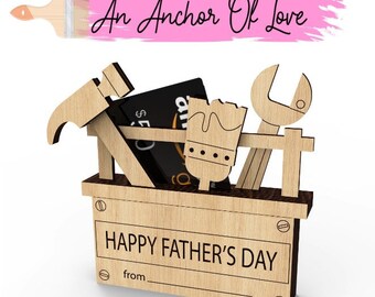 May include: Wooden toolbox with a hammer, wrench, paintbrush, and a gift card. The toolbox has the text "Happy Father's Day" and "from" on the front.