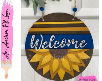 Sunflower Door Round-Sunflower decor-Blue and Yellow Sunflower Decor-Summer Sunflower Decor-Welcome Sunflower Decor