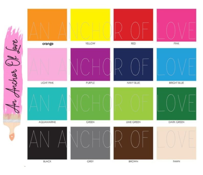 May include: A color chart with 16 different colors, each with the color name written below. The colors are: orange, yellow, red, pink, light pink, purple, navy blue, bright blue, aquamarine, green, lime green, dark green, black, grey, brown, and fawn. The text "An Anchor Of Love" is written in white on a pink background in the upper left corner of the image.