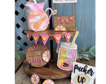Pink Lemonade Tiered Tray Decor – 7 Piece Handmade Set