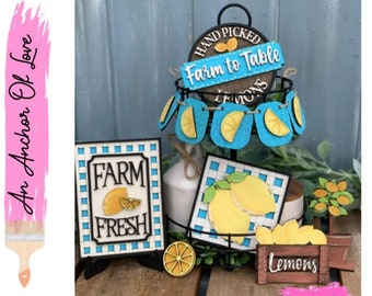 Lemon themed tiered tray decor -Farm Fresh Lemon Decor-Mini Lemon SIgns- Lemon Decor