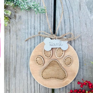 Personalized Paw Print Ornament: Engraved Pet Name, Wooden Dog Ornament