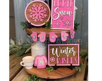 Pink Christmas Tiered Tray Decor: Handmade Winter Wishes Set
