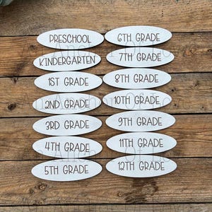 May include: Light-coloured wooden oval signs, each inscribed with a grade level from "Preschool" to "12th Grade" in a handwritten font. The signs are set against a rustic wooden backdrop, suitable for classroom decoration or gifts.