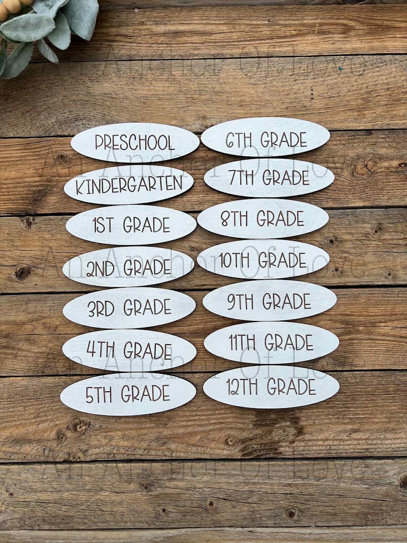 May include: Light-coloured wooden oval signs, each inscribed with a grade level from "Preschool" to "12th Grade" in a handwritten font. The signs are set against a rustic wooden backdrop, suitable for classroom decoration or gifts.