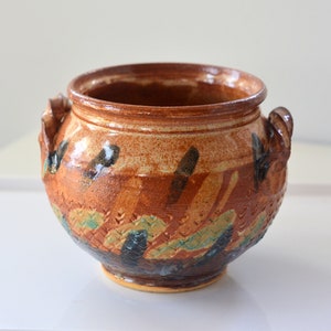 Rustic Vintage Studio Pottery, Multi Earthtone Colors Pottery, Studio Pot, Signed by Artist; Vintage Pot with Handles