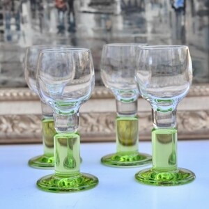 Vintage Set Four Sherry Apertif Green Clear Glasses; Mini Wine Glasses; Cordial Glasses; Made in Italy; Stemmed Shot Glasses; Liqueur Glass