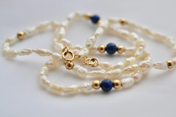 Two 14K Freshwater Pearl Bracelets : 14K Gold beads & Clasp, Blue Lapiz Accent Beads; Two Bride/Bridesmaid Bracelets; Vintage Pearls