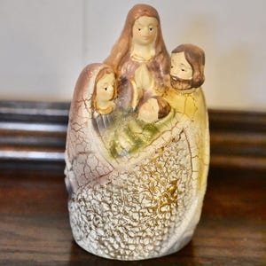 Vintage Christmas Ornament; Holy Family with Angel; Ceramic Holy Familly; Earthtones Pottery Holy Family Figurine Ornament; Vintage Ornament
