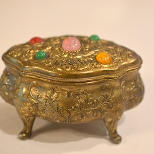 Vintage Gold Embossed Jewelry Casket; Small Jewel Box; Lined Vintage Jewelry Box; Jeweled Casket