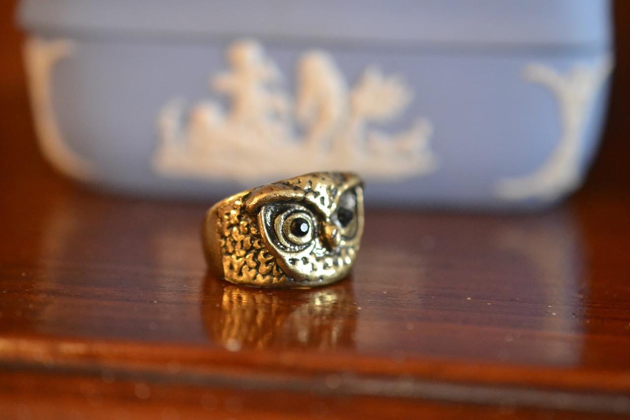 Vintage Brass Owl Ring; Statement Owl Ring; Owl Lover ring; Gold Brass Owl Ring; Size 7 Ring