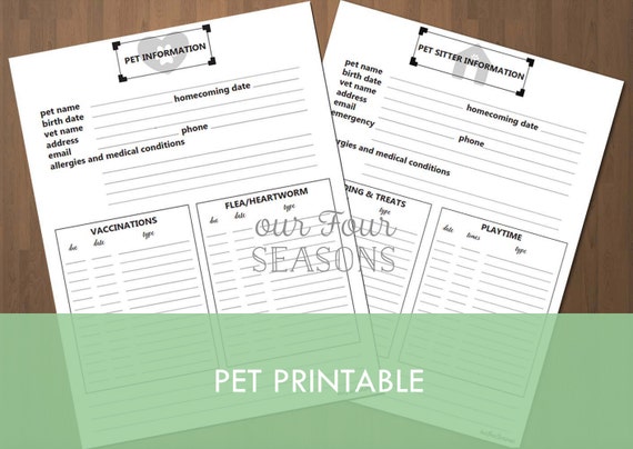 pet information pet sitter information pet printables etsy