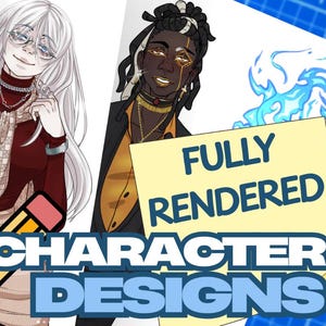Peut inclure: Illustration numérique présentant trois personnages aux styles distincts. Les personnages ont des coiffures, des tatouages et des vêtements uniques. Un post-it jaune affiche le texte "FULLY RENDERED CHARACTER DESIGNS" avec un motif de flamme bleue. Un crayon est également présent.