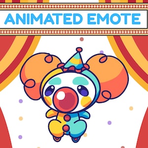 May include: A cartoon clown character with a large red nose, wearing a colourful outfit and a party hat. The image has the text "ANIMATED EMOTE" above the clown, set against a backdrop of red and yellow curtains.