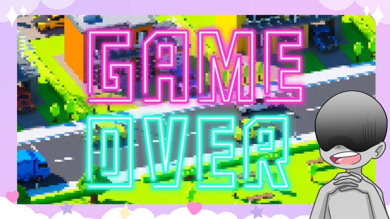 Pu&ograve; includere: Un paesaggio urbano pixelato con un cartello al neon rosa e blu che recita "GAME OVER". Un personaggio dei cartoni animati grigio con un'espressione sorpresa &egrave; in piedi in primo piano.
