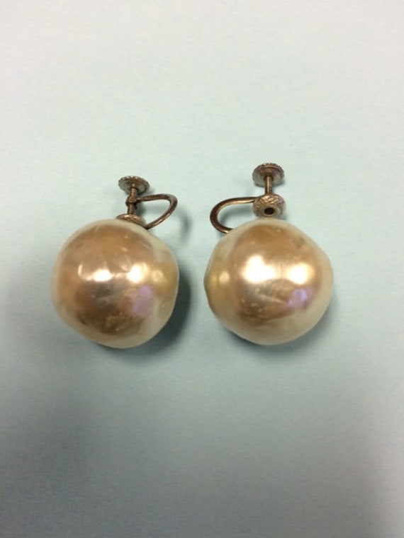 Large Round Faux Pearl Screw Back Earrings
