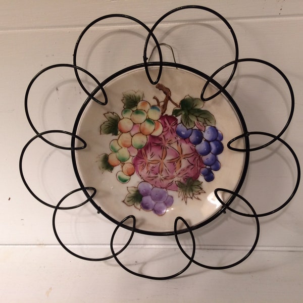 Beautiful Vintage Hand Painted Fruit Plate in Black Wire Frame